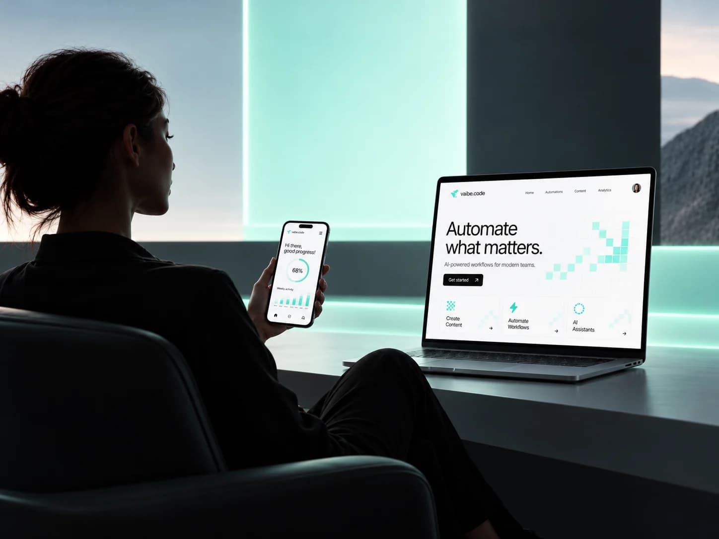 Eine Frau nutzt eine digitale Plattform an Laptop und Smartphone.