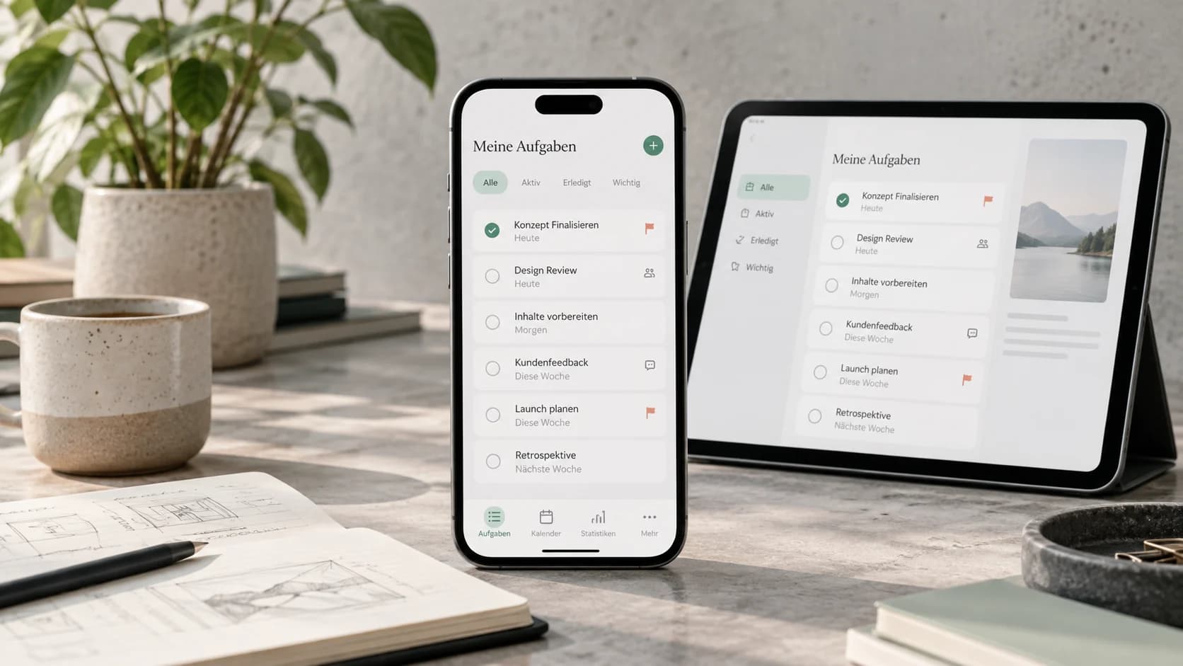 Zusammenpassende App-Prototypen auf Smartphone und Tablet