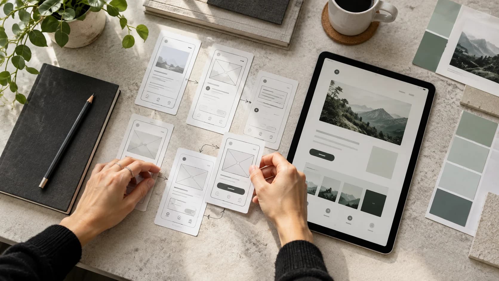 Papier-Wireframes und ein digitaler Prototyp bei der Gestaltung einer Oberfläche