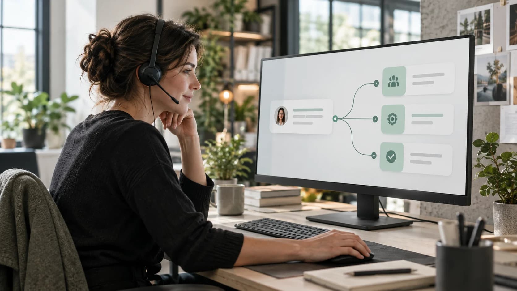 Illustrative Kundenbetreuung mit Headset und einem digitalen Arbeitsablauf