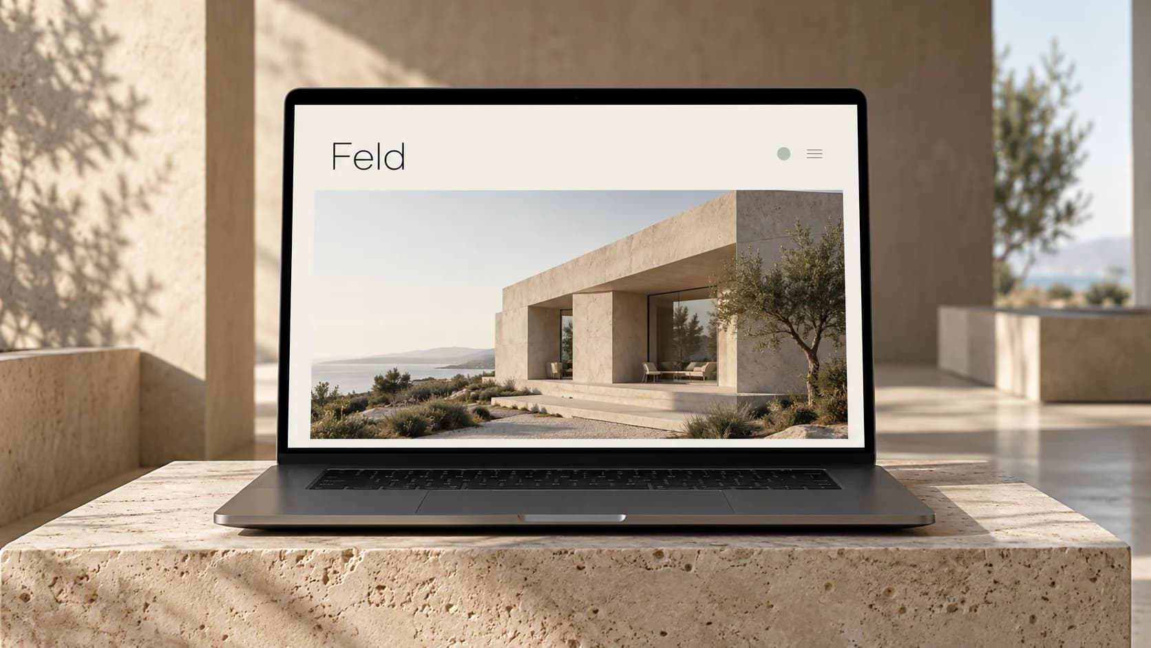 Generiertes Mockup der Architektur-Website Feld auf einem Laptop