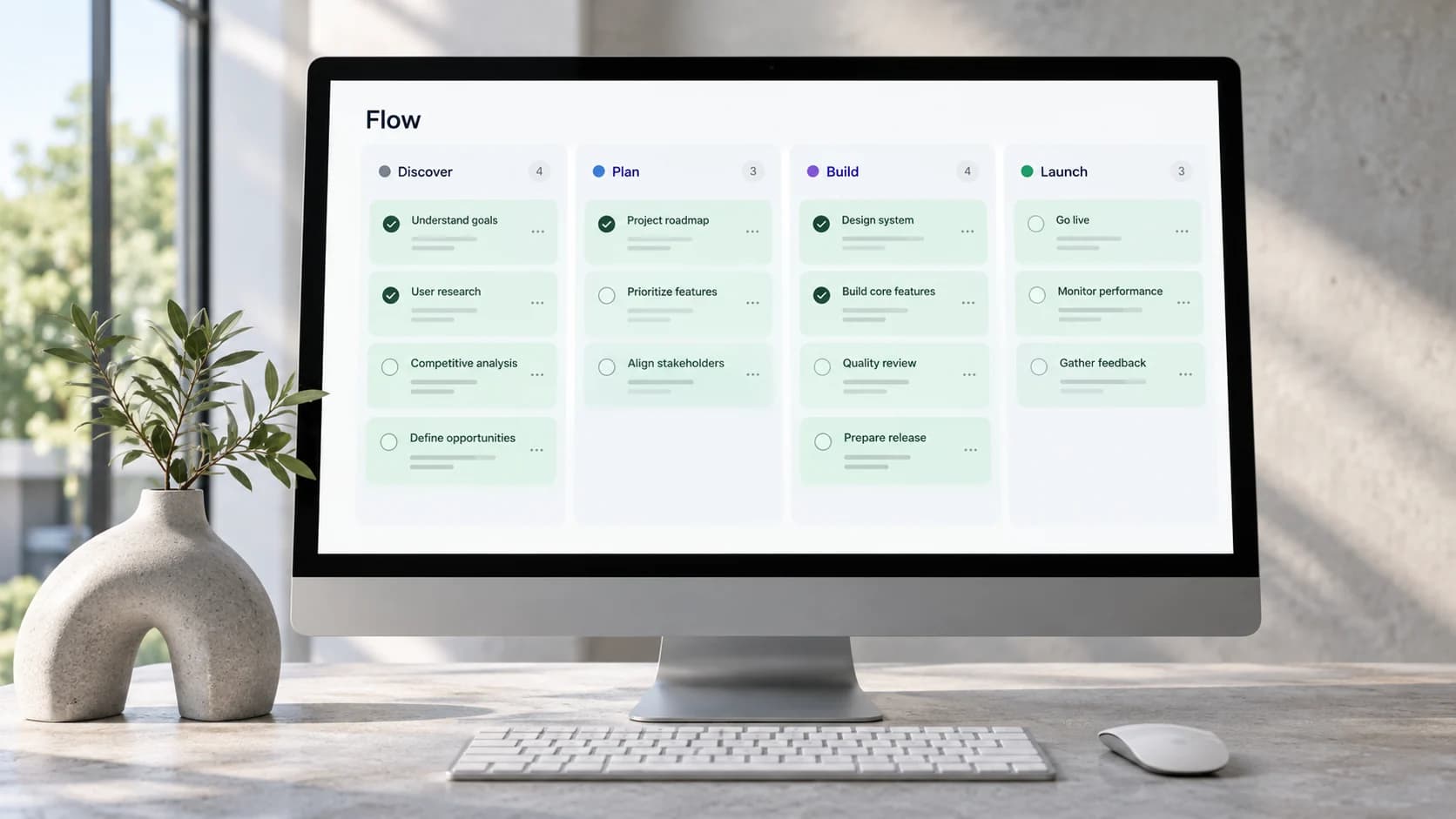 Generiertes Mockup des hellen Flow-Interfaces mit geordneten Projektphasen