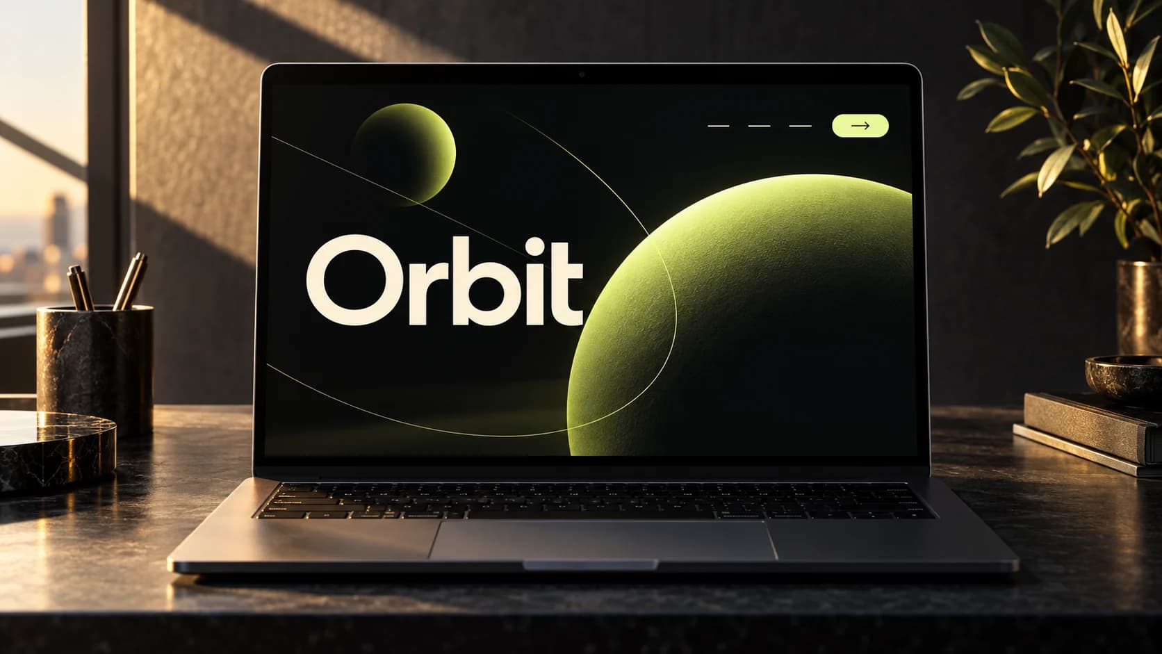 Generiertes Laptop-Mockup der dunklen Website Orbit mit geometrischer Bildwelt