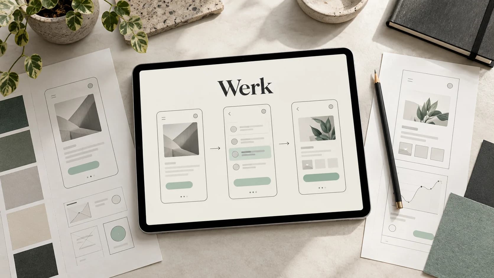 Generiertes Werk-Mockup mit Papier-Wireframes und einem Tablet-Prototyp