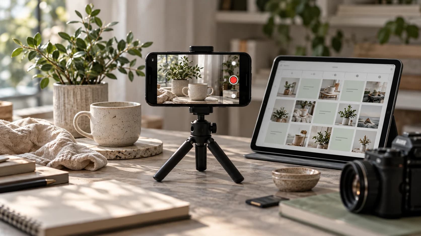 Content-Produktion mit Smartphone und einer Übersicht geplanter Beiträge