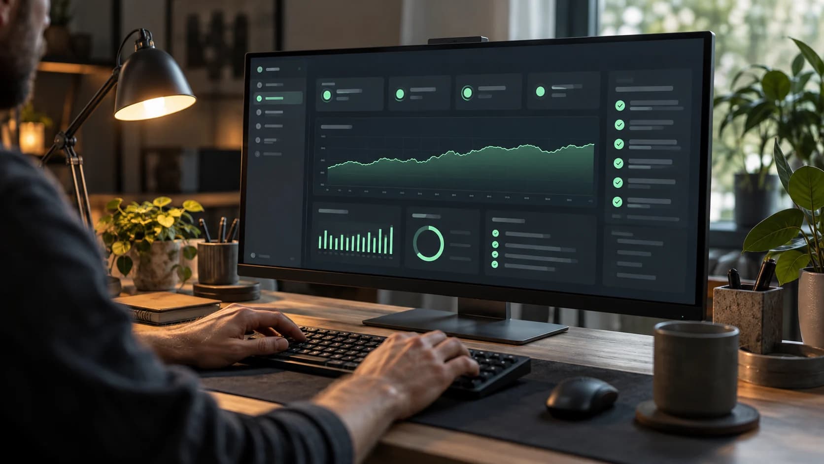 Technischer Arbeitsplatz mit einer Übersicht über Systemzustand und Wartung