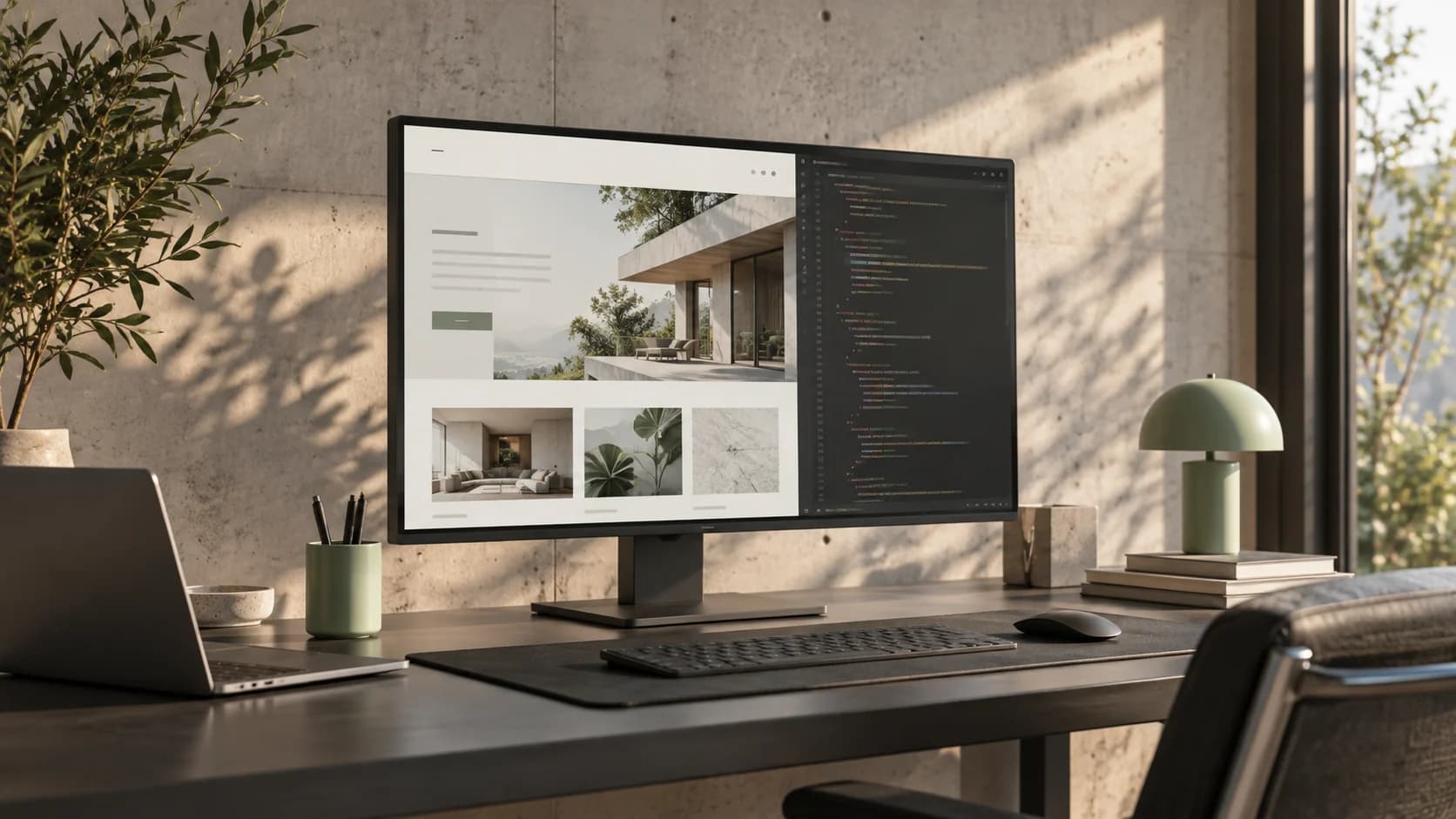 Arbeitsplatz mit Website-Entwurf und Code auf einem Monitor