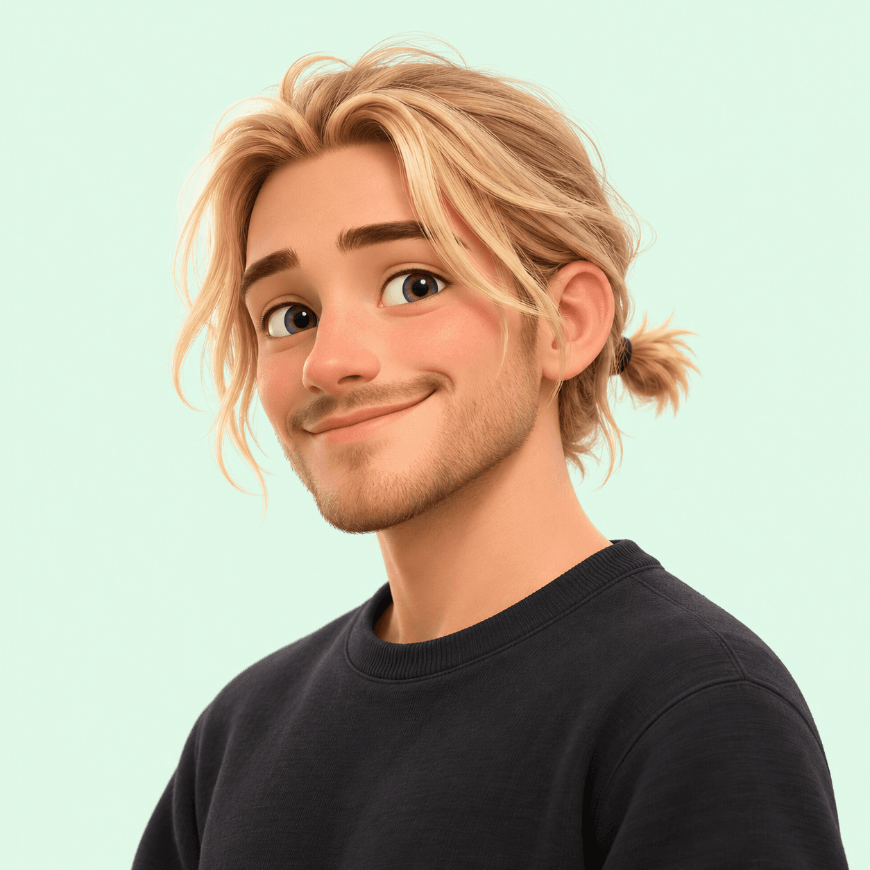 Illustrativer Avatar für Lukas Görisch mit blonden Haaren und kleinem Zopf.